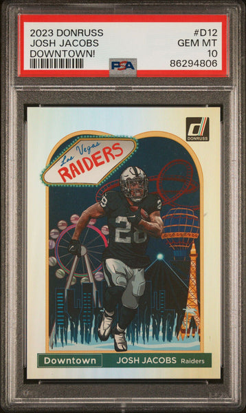 🔥2023 Panini Donruss DOWNTOWN Josh Jacobs SSP D12 Case Hit Raiders PSA 10!🔥